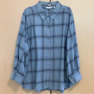 Encore by Idina Menzel Women's Long Sleeve Button Up Cotton‎ Shirt Blue Plus 2X